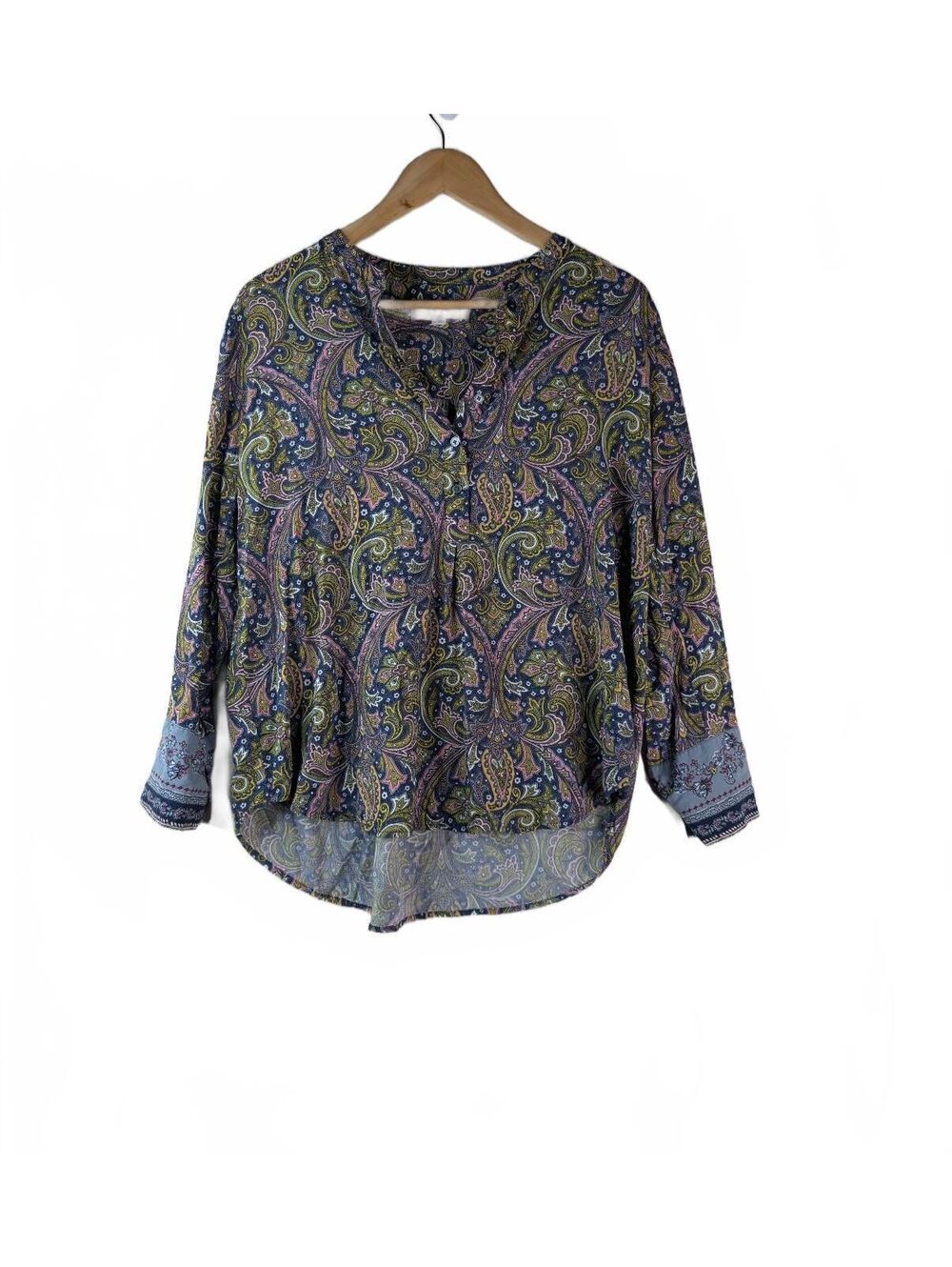 Loft Blue +Yellow Paisley Print Popover‎ Blouse with Henley Neck Medium Petite
